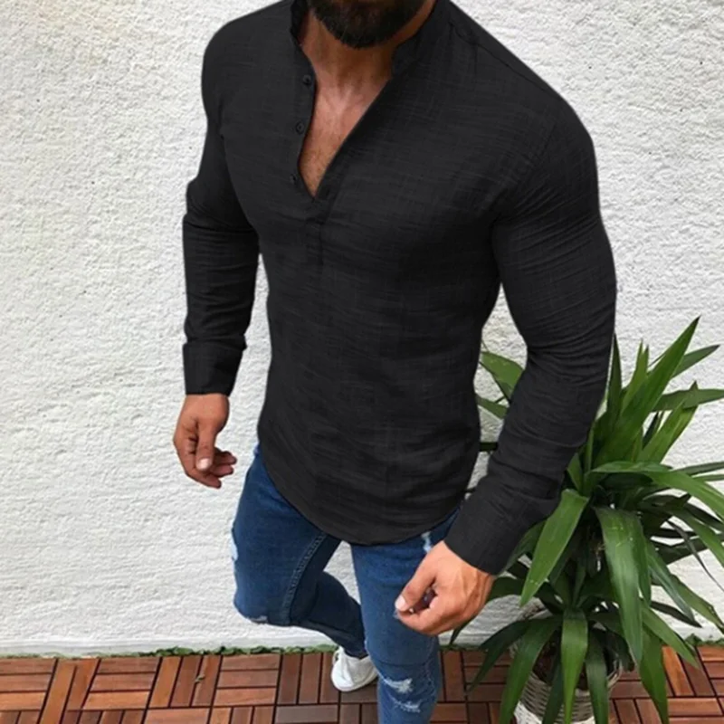

Hot Sale Fashion Long Sleeve Tops Mens V Neck Slim Shirt Autumn Casual Button Formal Pure Color Half Open Shirt Plus Size