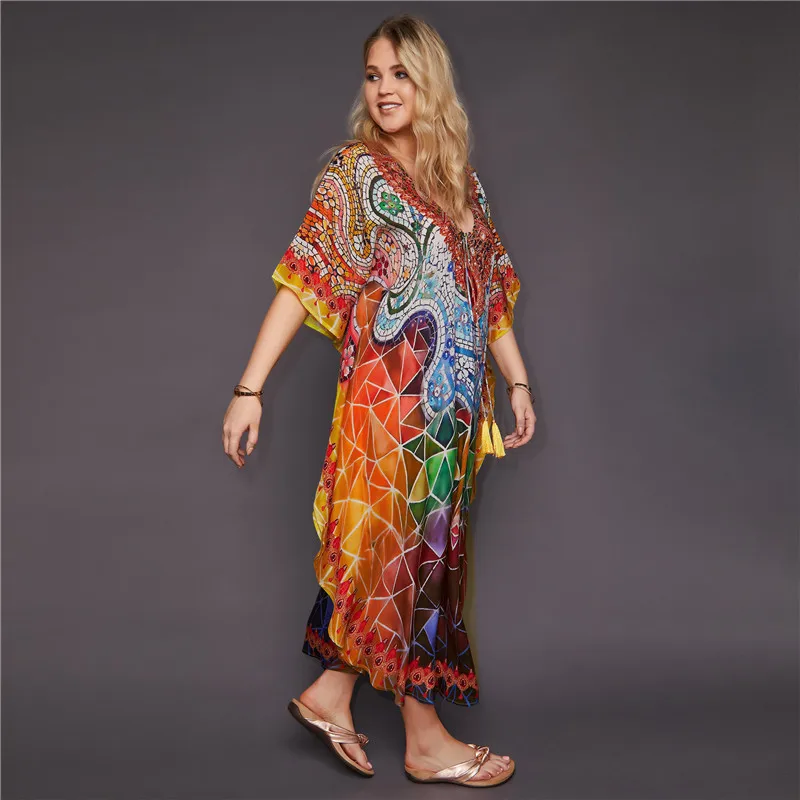 

Bikini Cover Up Pareo Women Beach Kimono Sundress Female Summer Cardigan 2020 For Beach Plus Size Cotton Long Dress Print Woman