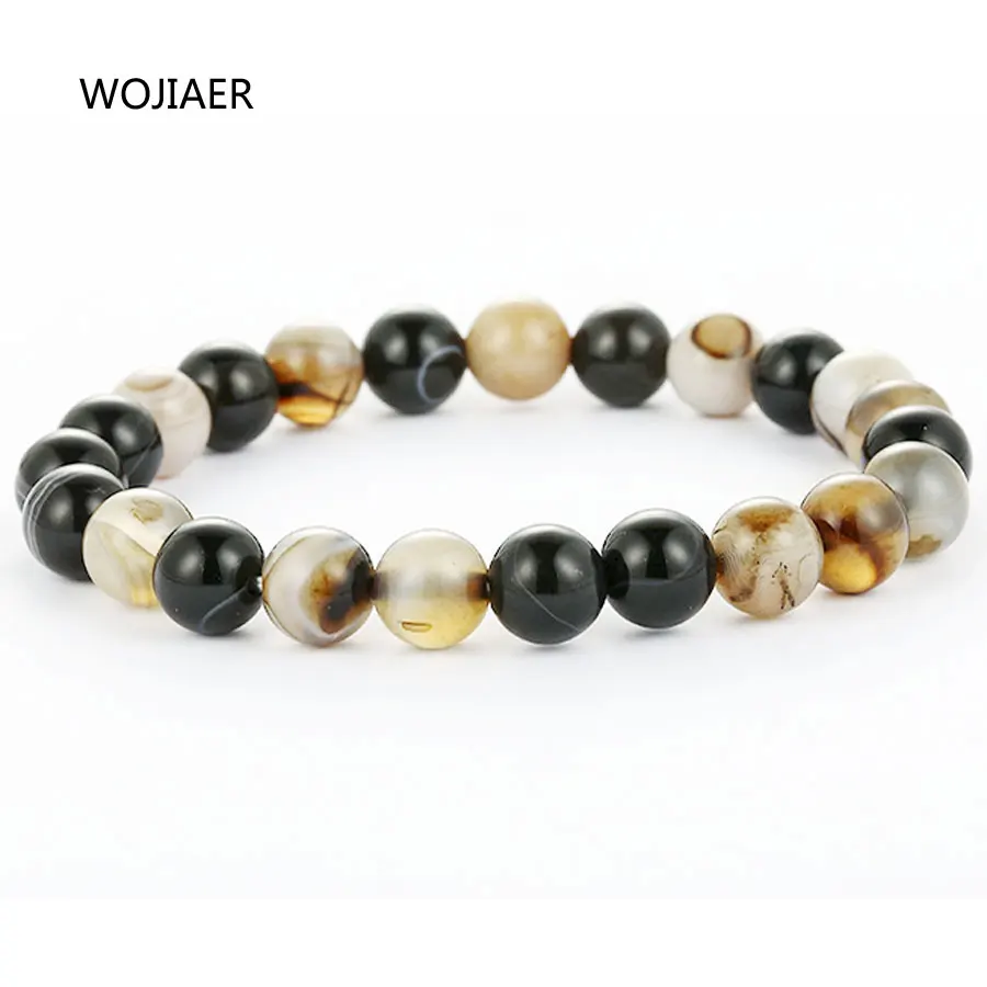 

WOJIAER Striped Agates Natural Stone Bracelet Round Yellow Single Circle Bracelets 8mm Stones Bead Healing Chakra ZBM122