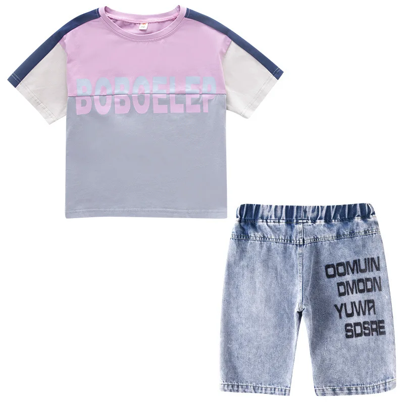 

Kids Boys short-sleeved T-shirt spell color five pants cotton 2pcs suit new summer big virgin suit 4-12 years old