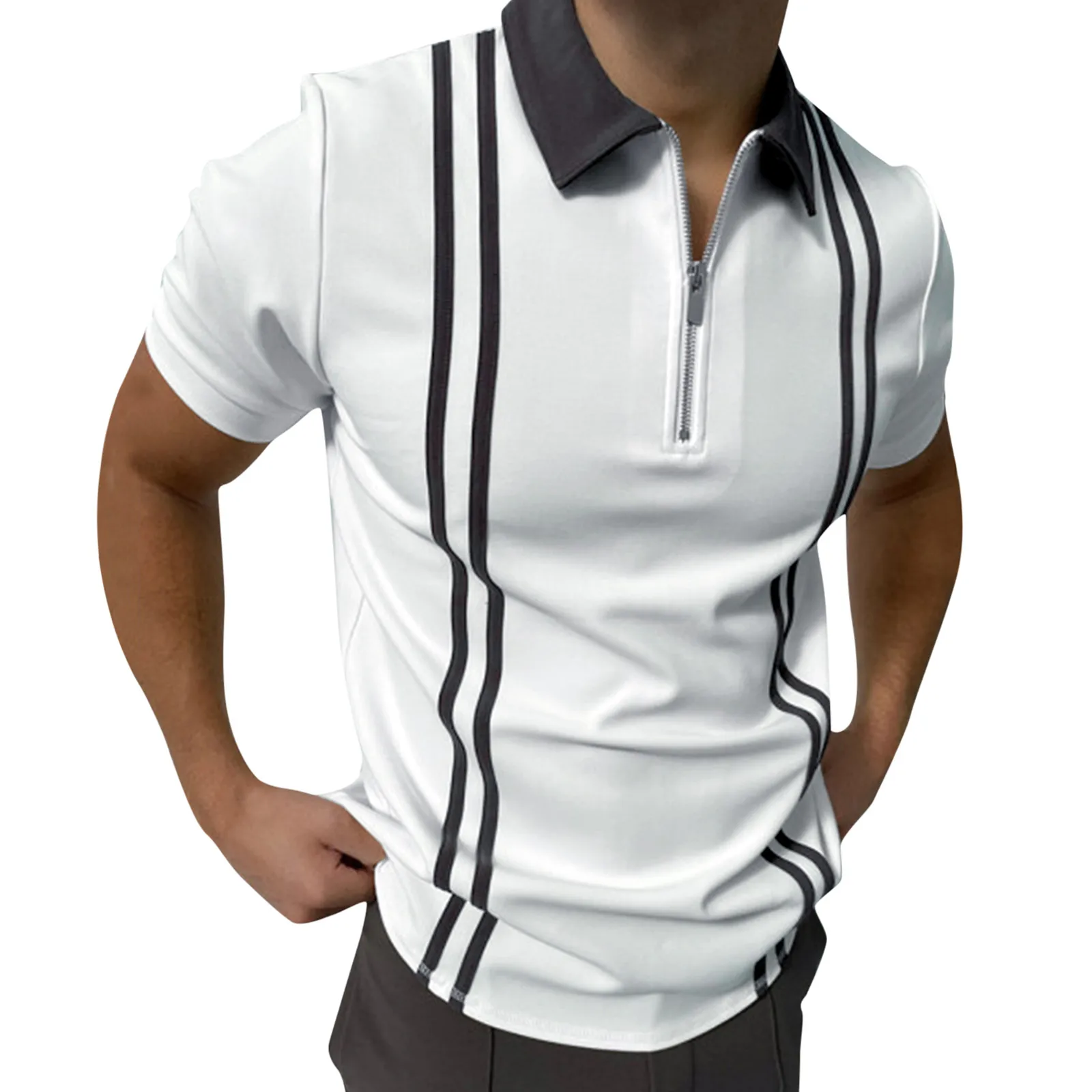 

JAYCOSIN Men's Polo Shirt Summer Casual Cotton Short Sleeve Casual Zipper Turn-Down Collar Blouse Solid Double Belt Polos Sh