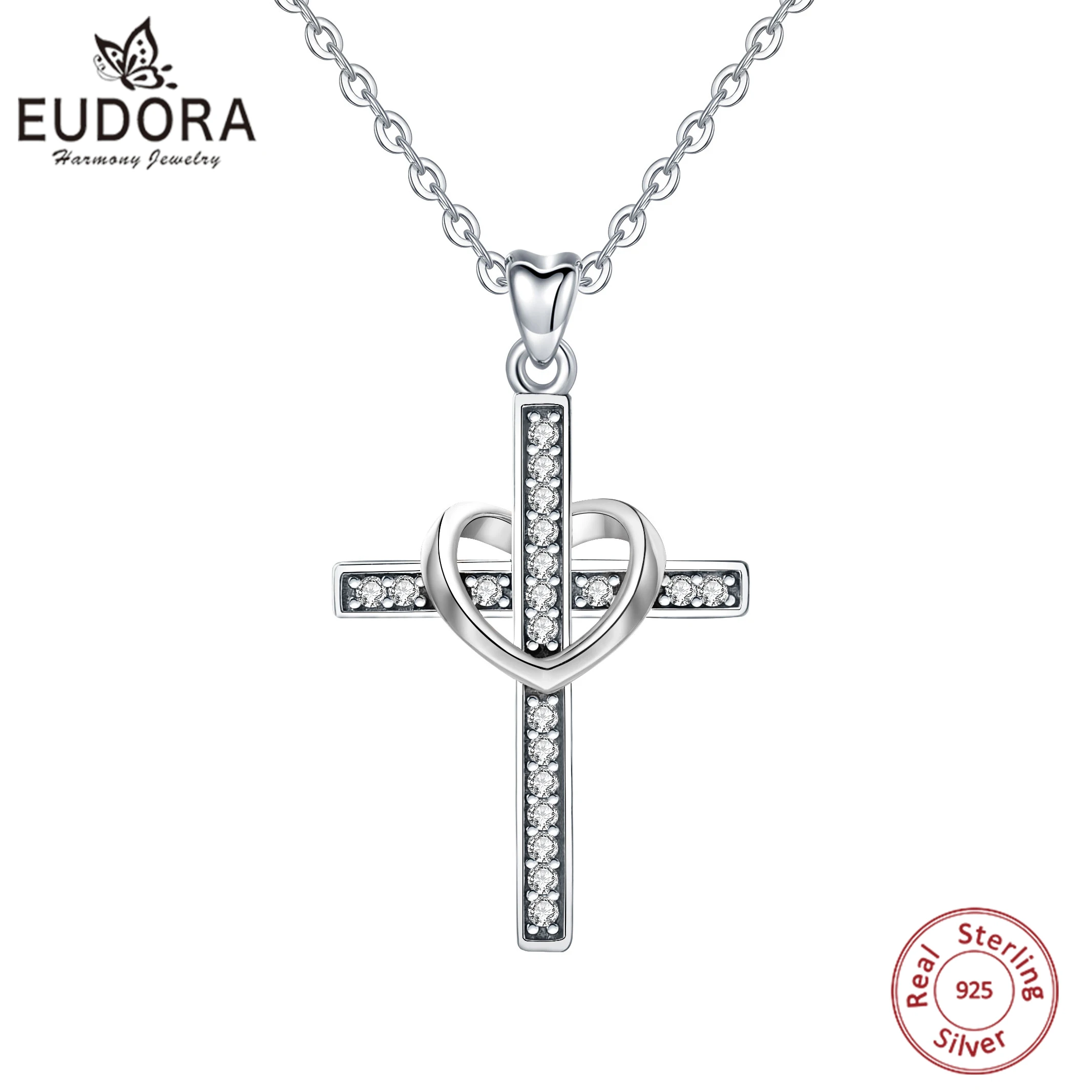 

EUDORA Sterling Silver 925 Cross Pendant Necklace with Rose Gold Color Heart Necklace For Women Jewelry Elegant Lover Gift CYD50