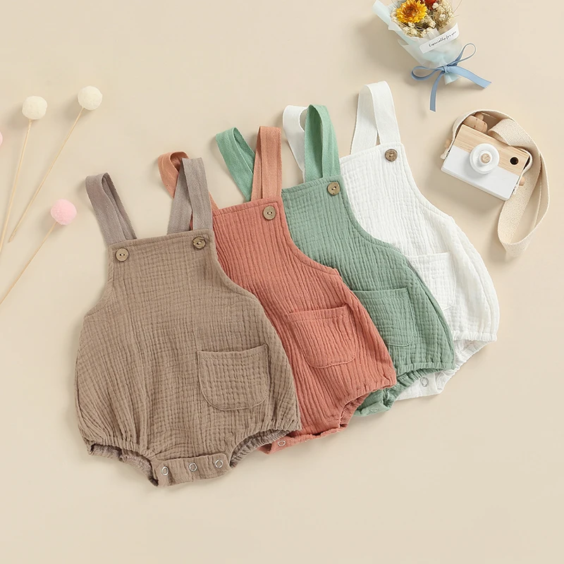 Newborn Toddler Baby Boy Girl Romper Jumpsuit Infant Cotton Linen Clothes Sleeveless Pocket Solid Color Romper Outfit Sunsuit