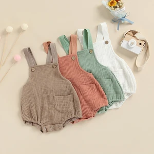 Newborn Toddler Baby Boy Girl Romper Jumpsuit Infant Cotton Linen Clothes Sleeveless Pocket Solid Co in USA (United States)