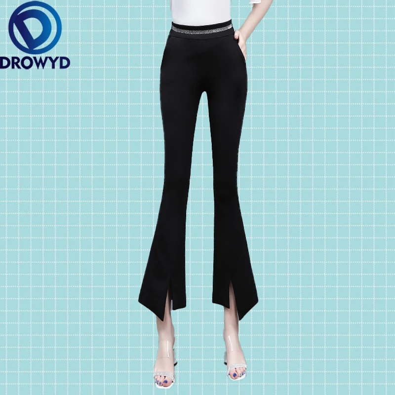 

Casual High Waist Black Ankle-Length Pants Women Summer Loose Ladies Office Trousers Pocket Korean Thin Flare Pants 2020 Solid