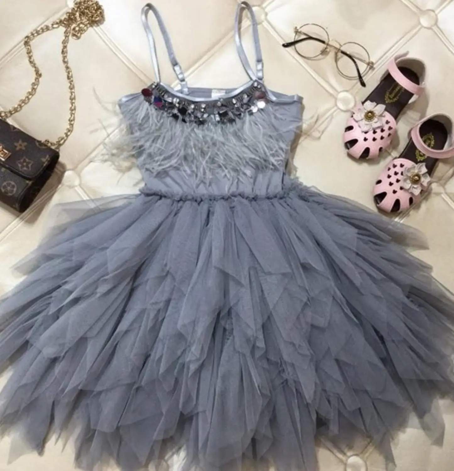 Детское платье для девочек с перьями и бисером блестками дня рождения бутик