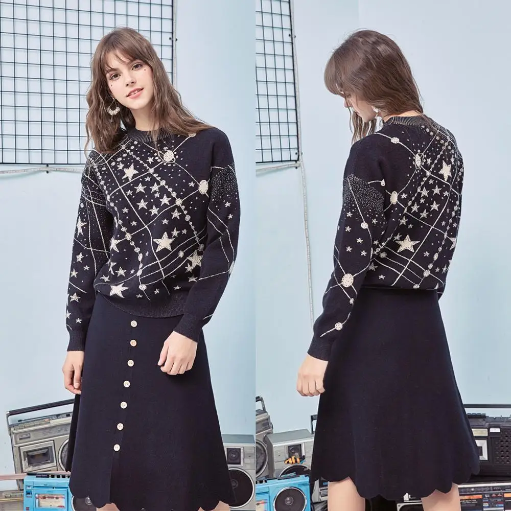 Retro Galaxy Star Pattern Sweater Women Vintage Long Sleeve Jumpers 2021 Autumn Winter Ladies Jacquard Sweaters Pullovers C-285 | Женская
