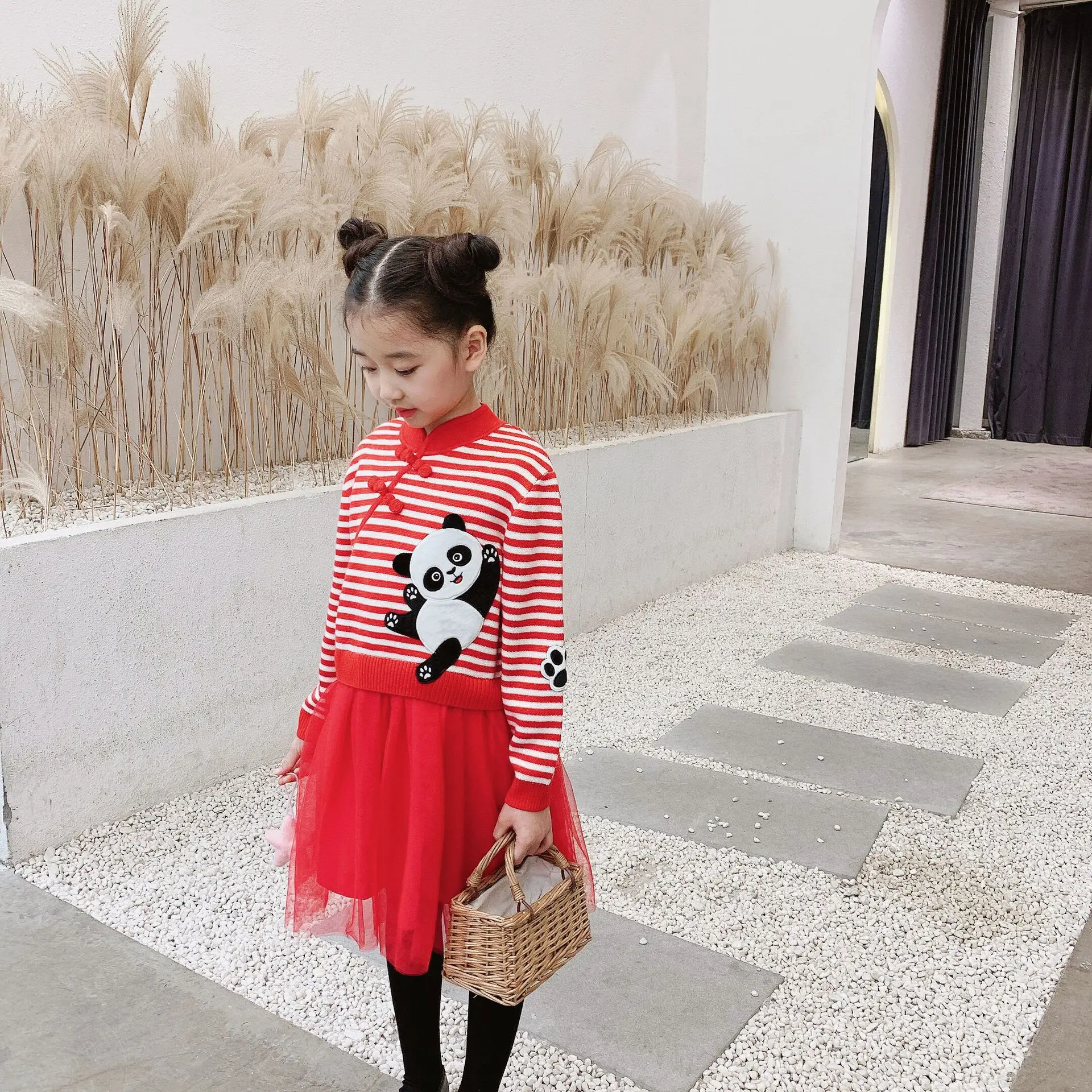 

2020 Kids Dress Long Sleeve Panda Pattern Chinese Style Mesh Patchwork Design Red Colour New Years Baby Dress