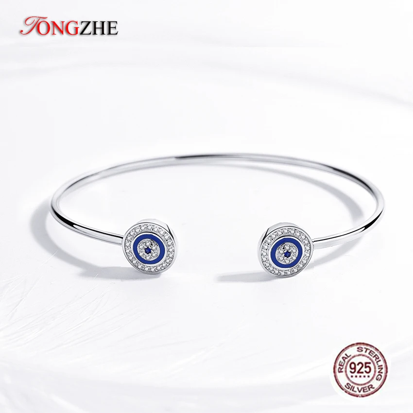 

TONGZHE 925 Sterling Silver Evil Eye Women bracelets bangles Luxury Blue Eye Turkey Jewelry Brand Bracelet Open Snake Chain