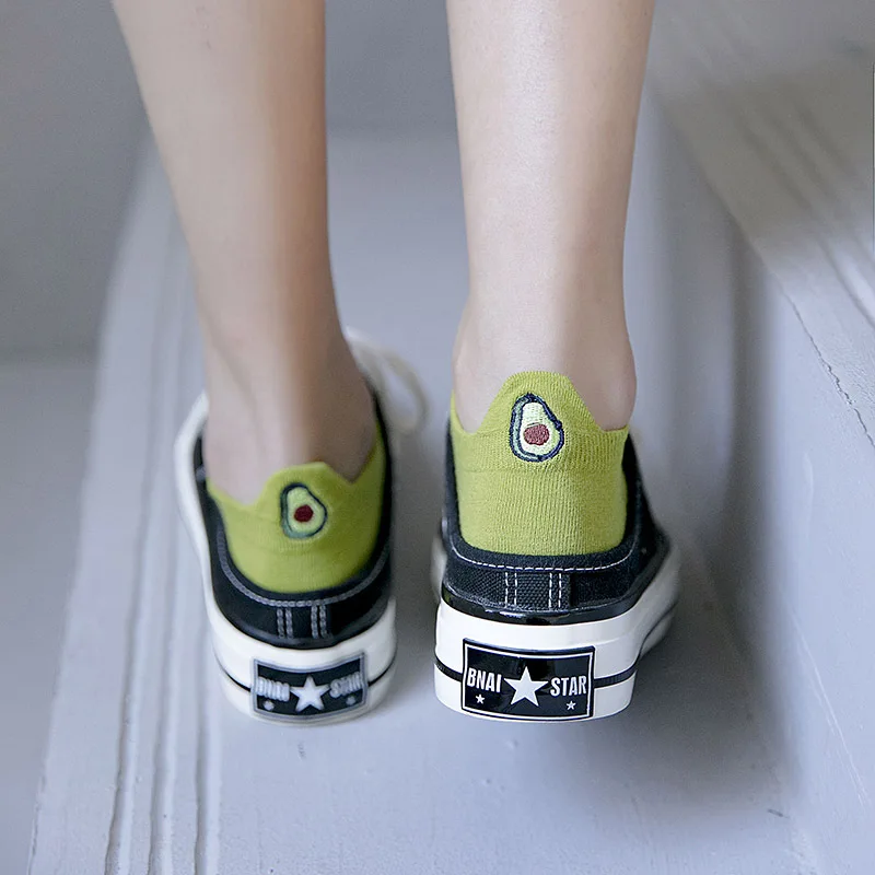 10Pcs=5Pairs/Lot New Green Cotton Women's Boat Socks Breathable Comfort Embroidery Avocado Cartoon Cute Socks Pack