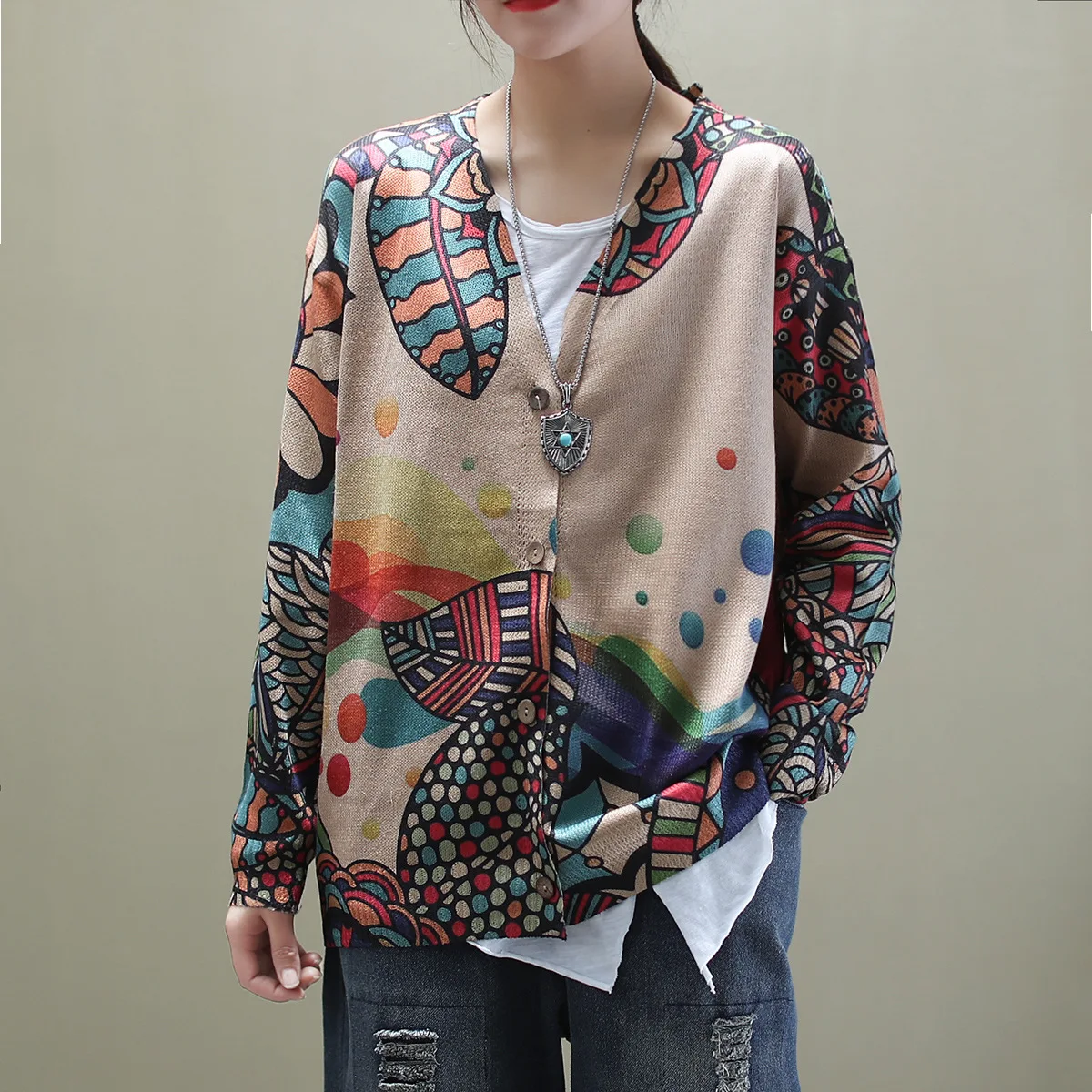 Женский свободный кардиган с принтом Повседневный свитер большого размера в