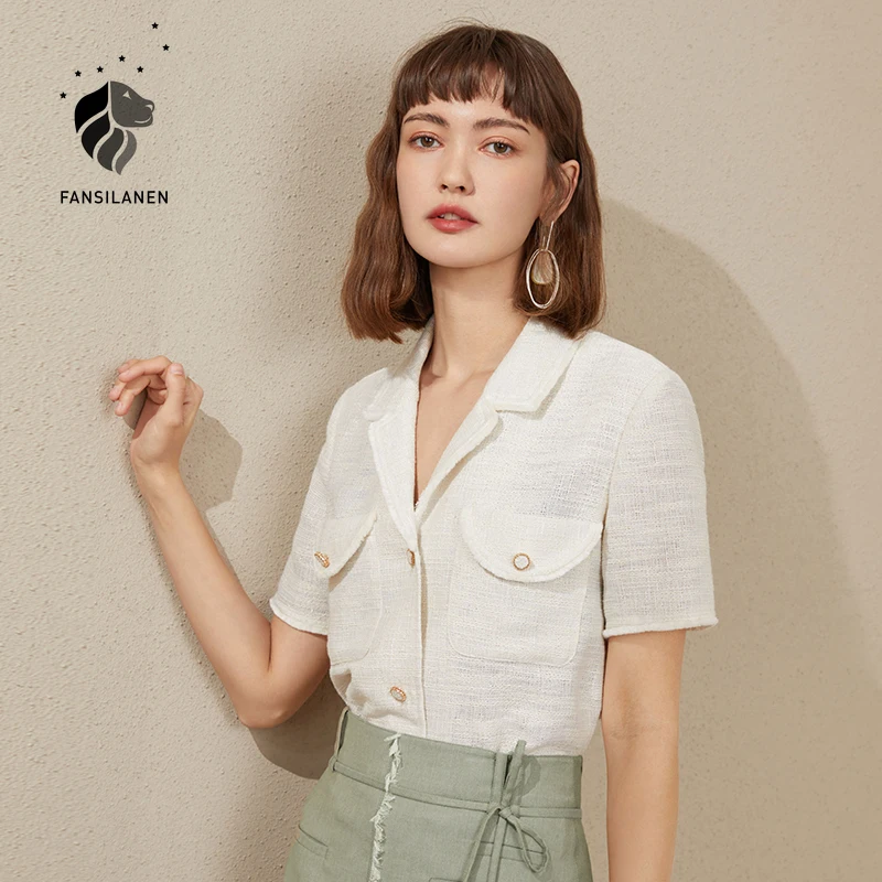 

FANSILANEN Lurex vintage white blouse shirt Women short sleeve office lady casual shirt wrap top Female elegant summer blouse