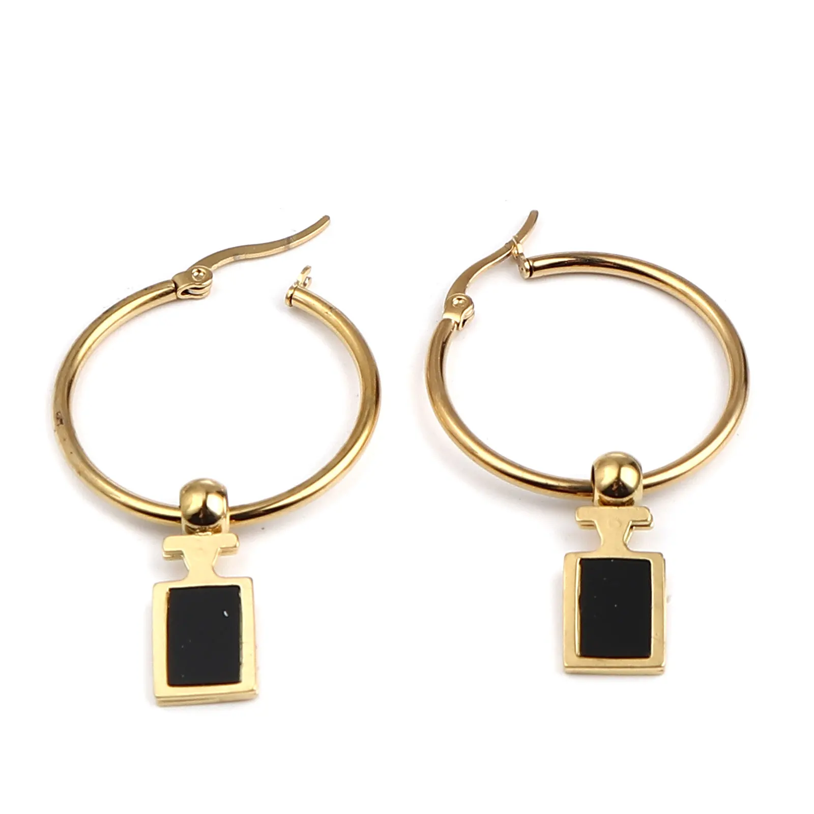 Серьги-кольца из нержавеющей стали и акрила золотистые черные флаконы для духов