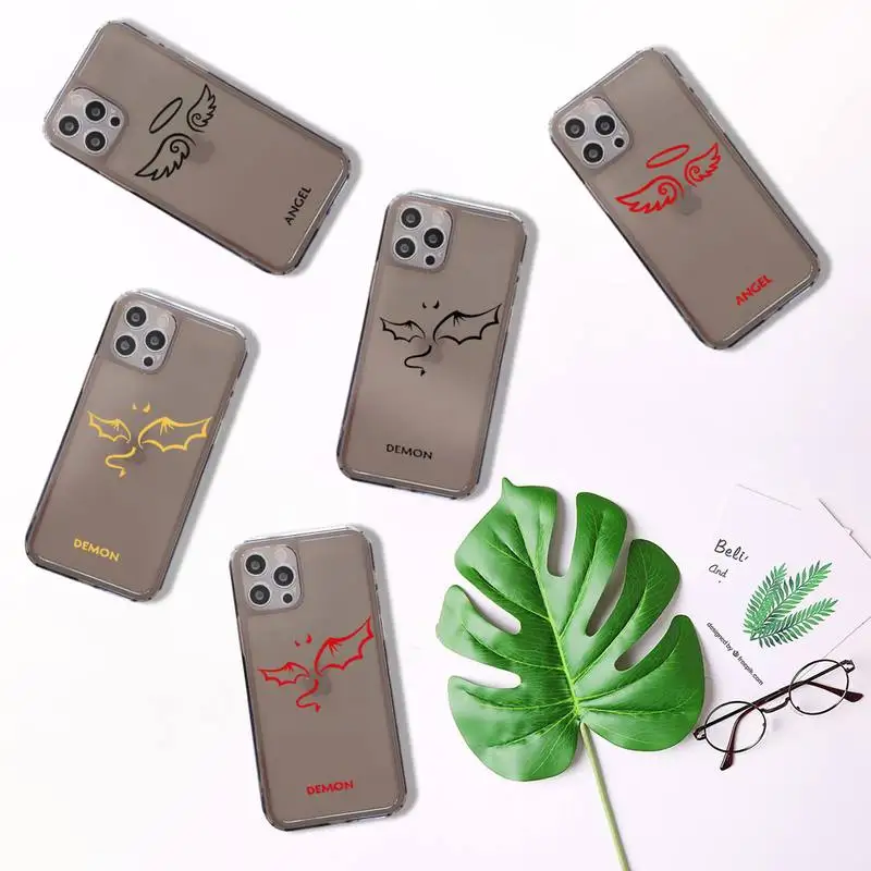 

Demon Angel Couple BFF Cartoon Phone Case for iPhone 11 12 pro mini 7 8 Plus X XS XR Max Black transparent clear shell