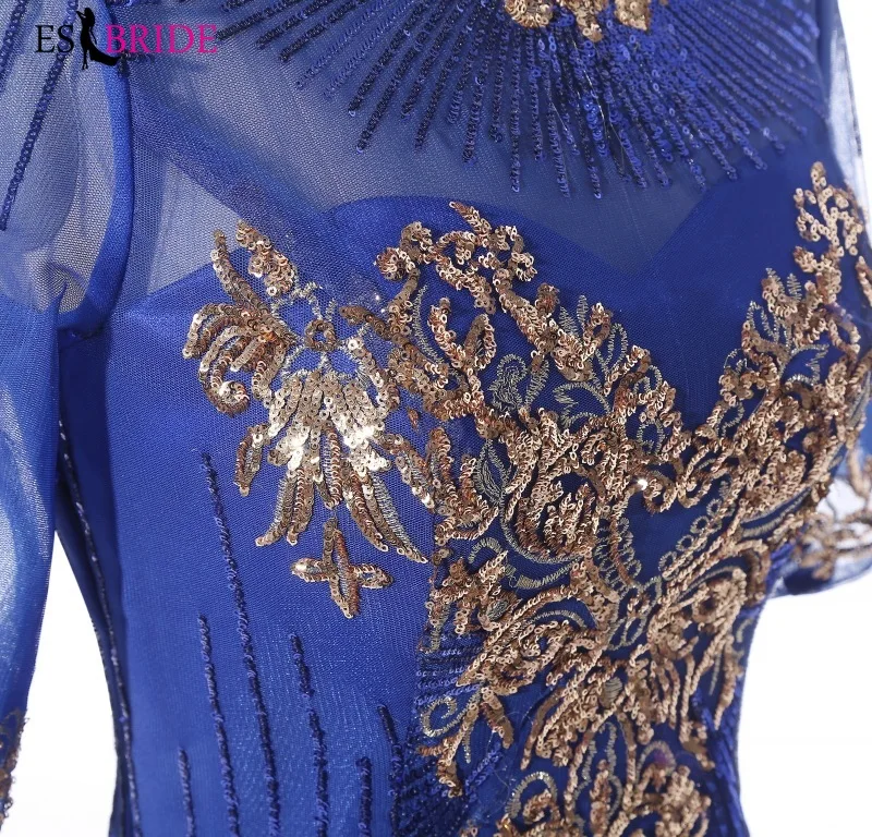 Royal Blue Evening Gown Gold Shiny Bead Piece Evening Dress Formal Mermaid Long Robe De Soiree Special Occasion Dresses ES2607