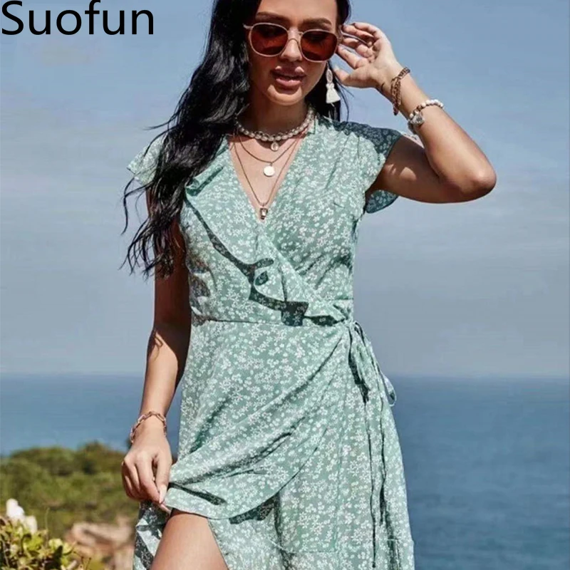 

Женское пляжное платье-трапеция Suofun, ТРАПЕЦИЕВИДНОЕ ПЛАТЬЕ С V-образным вырезом и принтом, летняя мини-юбка с оборками, 2021