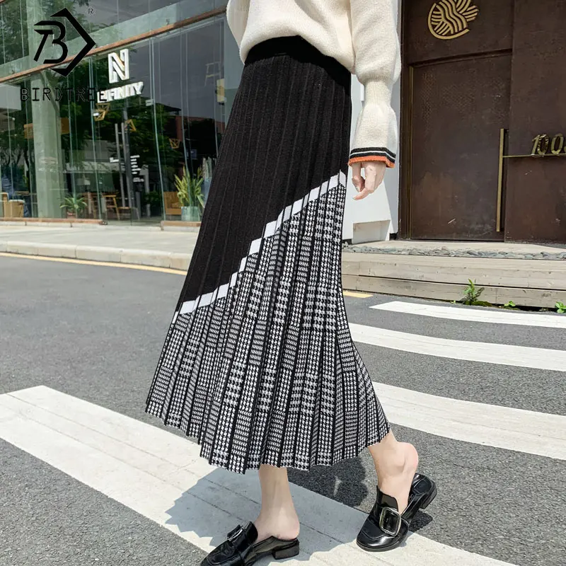 

Girls Geometric Long Knit Women Pleated Skirt Autumn Winter Thick Warm A Line Skirt Elgant Knitted Sweater Skirt B0N210N