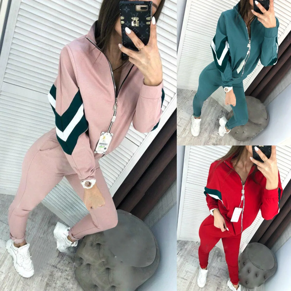 Spring Autumn Women 2 Pieces Sets Stripe Spliced Sweatshirt Ankle Length Harm Pants Oversize Tracksuits Hoodies Outfiits Winter | Спорт и