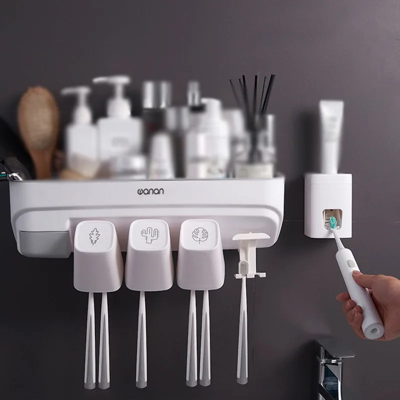 

Multi-Function Wall-Mounted Toothbrush Holder With Toothpaste Dispenser Squeezer Storage Rack Bathroom Accessories Set