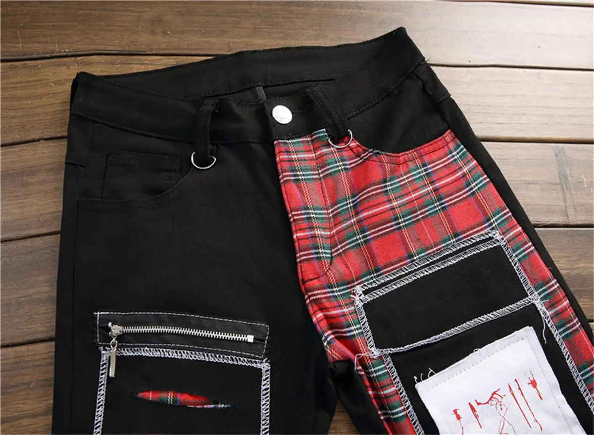 Street style color matching patch casual pants stretch footwear men's black printed pants punk casual men's pants