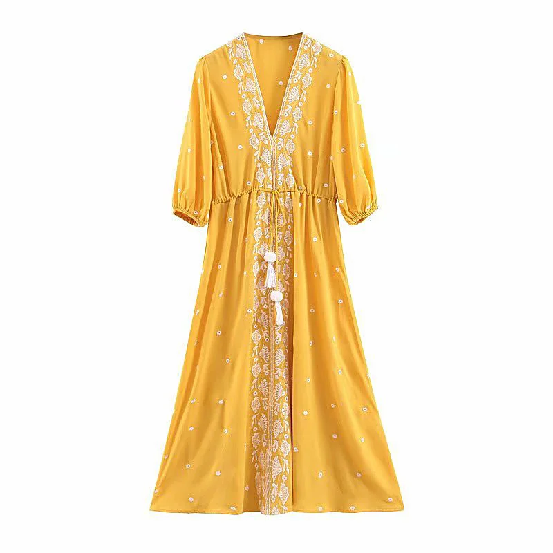 Винтажное элегантное платье миди с вышивкой и завязками кисточками Женская мода