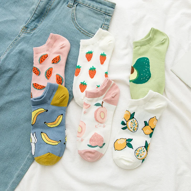 

Anewmorn Casual New Women's Socks Sweet Fruit Cartoon Sox Avocado&Peach&Strawberry Print Cotton Breathable Kawaii Female Socks