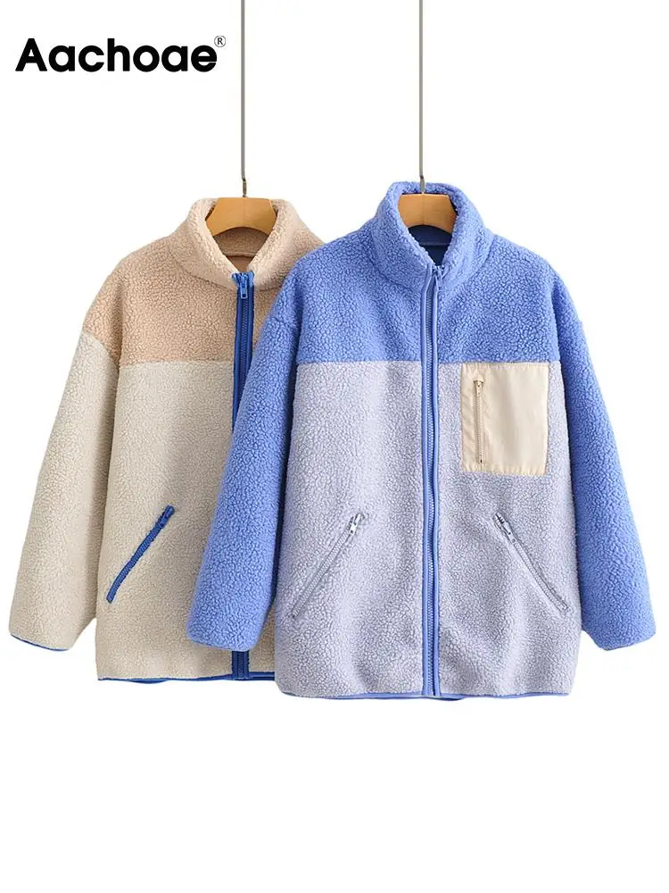 

Aachoae Casual Patchwork Lamb Fur Coat Women Zippper Fly Long Sleeve Jacket Coats With Pockets Female Fashion Chic Teddy Coat