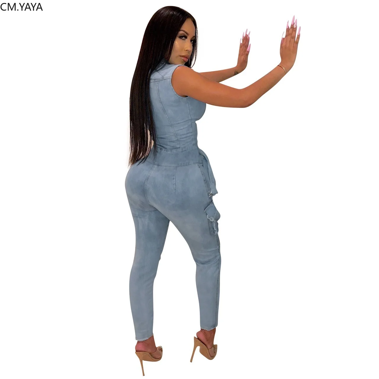 women button up sleeveless with pocket sleeve sashes safari denim jumpsuit classic fashion jeans romper playsuit 2 color GLQ314 | Женская