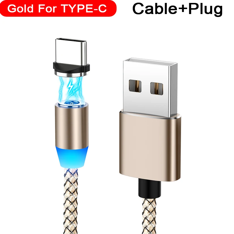 Магнитный usb-кабель для быстрой зарядки 2,1 А, Тип C, микрокабель, светодиодный, с нейлоновой оплеткой, type-C, магнитное зарядное устройство для iPhone XS X 7, samsung, 1 м, 2 м - Цвет: Gold for Type-c
