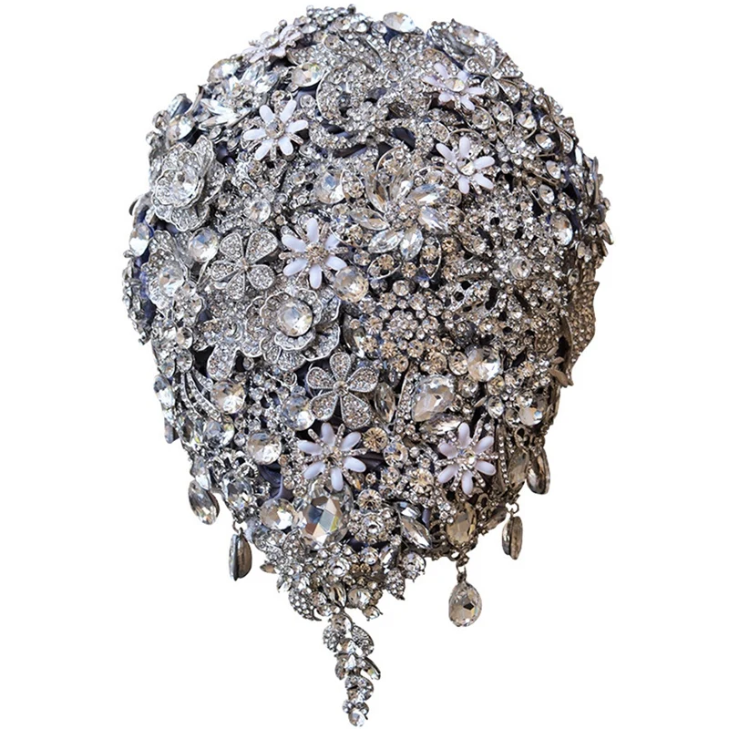 Букет невесты розы капли стразы слоистые букет серебряная брошь свадебные