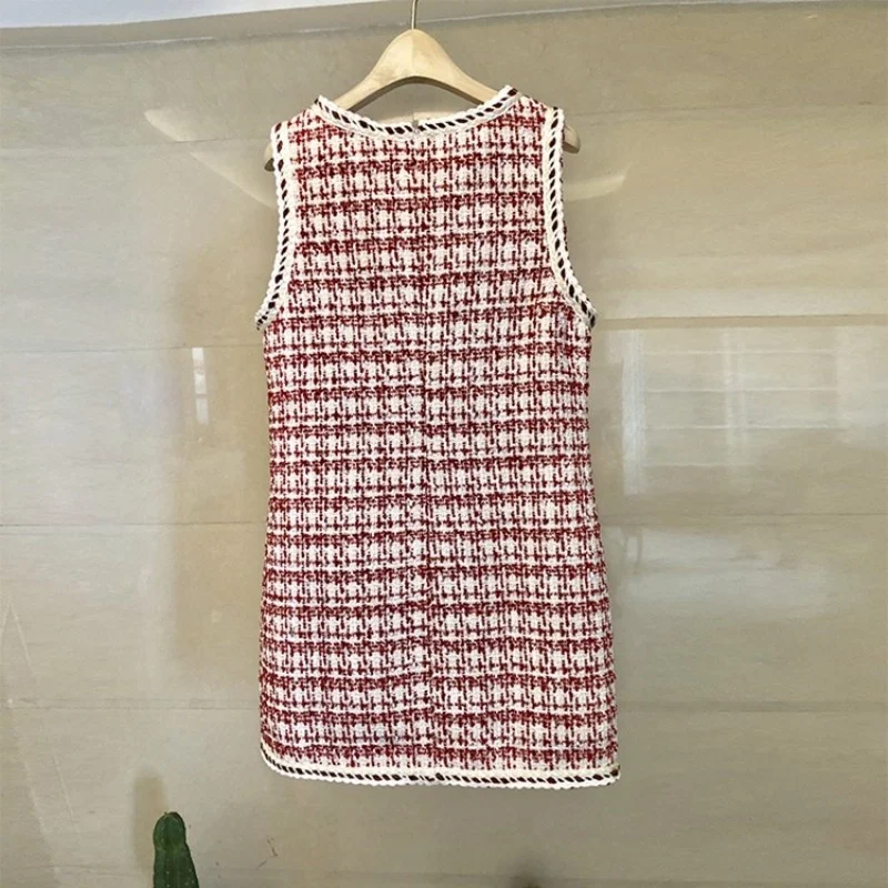 Autumn 2022 New Women Plaid Tweed Tank Dress O Neck Sleeveless Twill Beading Sundress Office Ladies Slim Sexy Short Mini Dresses