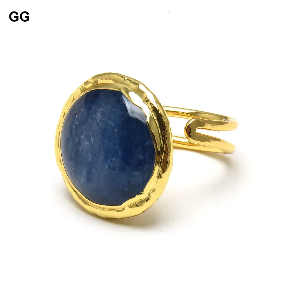 

GuaiGuai Jewelry Natural Coin Blue Kyanites Gold Color Plated Filled Ring Adjustable Size Rings Luxury Style For Women