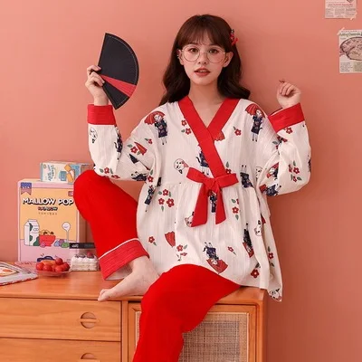 

Spring autumn new pajamas female Japanese sweet cute kimono long sleeve trousers set autumn and winter home service worn outside