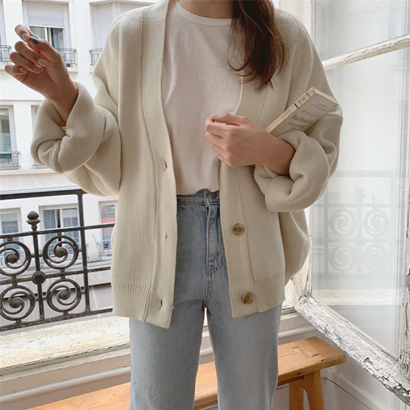 

ZLDRESS New 2021 Winter Spring Women's Sweaters V-Neck Buttons Cardigans Oversize Fashionable Korean Lady Knitwears
