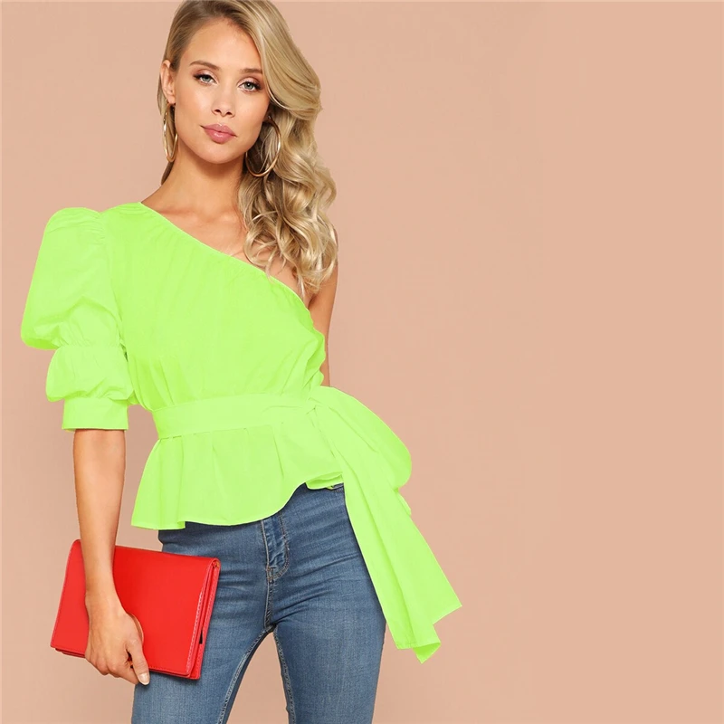 SHEIN Однотонный Топ На Одно Плечо С Пышными Рукавами И Поясом Женская Летняя Белая Элегантная Блузка С Средним Рукавом