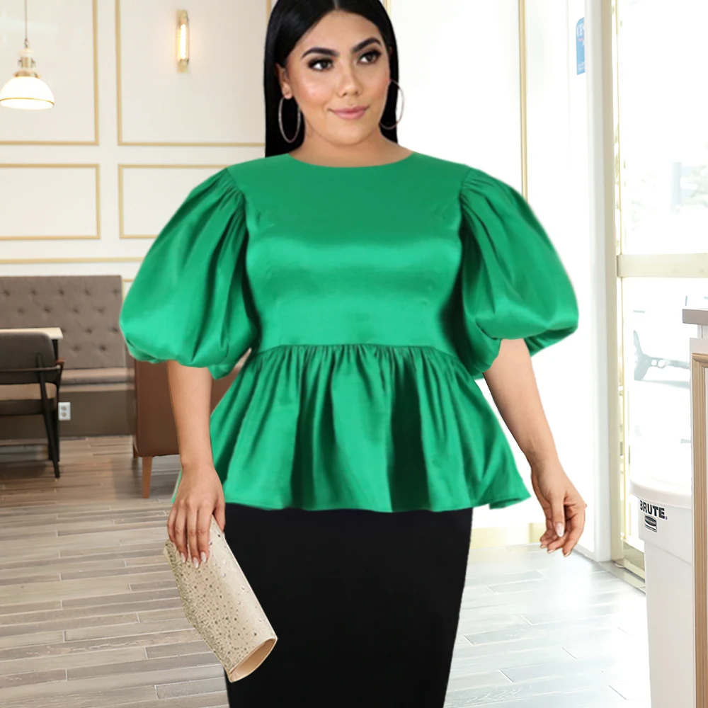 

Plus Size Tops 4XL 5XL Female O Neck Short Lantern Sleeve Ruffles Blouse Office Lady Classy Evening Dinner Party Shirt Blouses