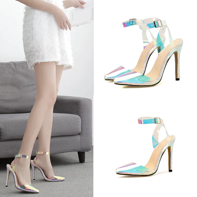 

Silver High Heel Women Sandals Bright Silver Transparent High Heel Ladies Sandals Large Size Women's Pointed Toe Sandals Shoes