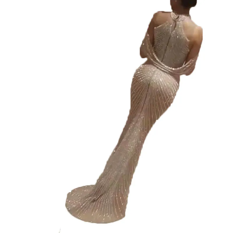 

Tromlfz Elegant Evening Dresses 2021 Women Off Shoulder Gilding Sexy Slit Sling Robe with Tail Bodycon Party Vestido