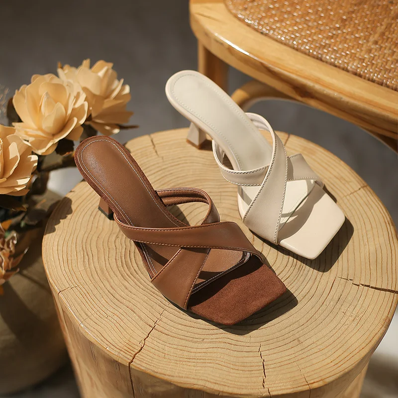 

Concise Design Women Slippers Genuine Leather Summer high Heels Sandals Female 2021 Newest Vintage Basic Shoes Woman