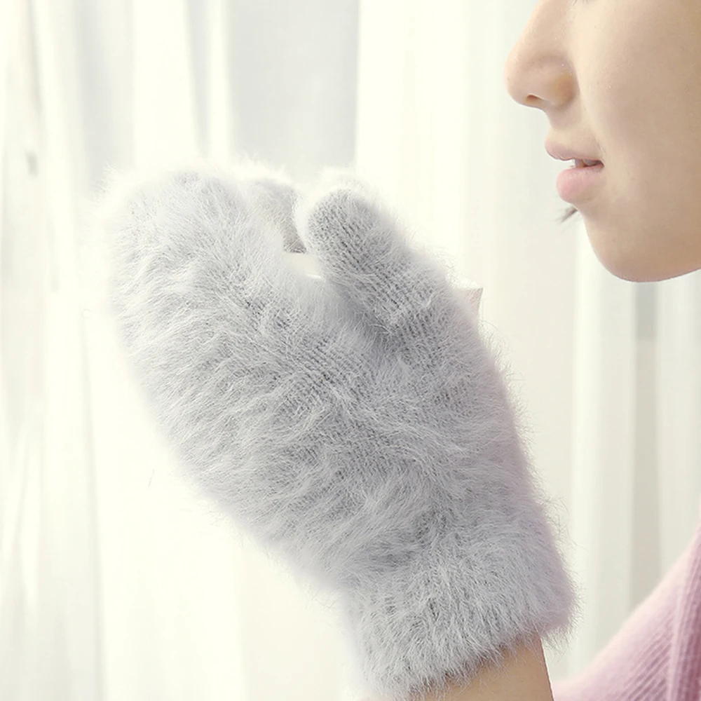 

New Women Winter Thick Knitted Cashmere Double Layer Plush Rabbit Wool Knit Warm Mittens Female Cute Full Fingers Gloves