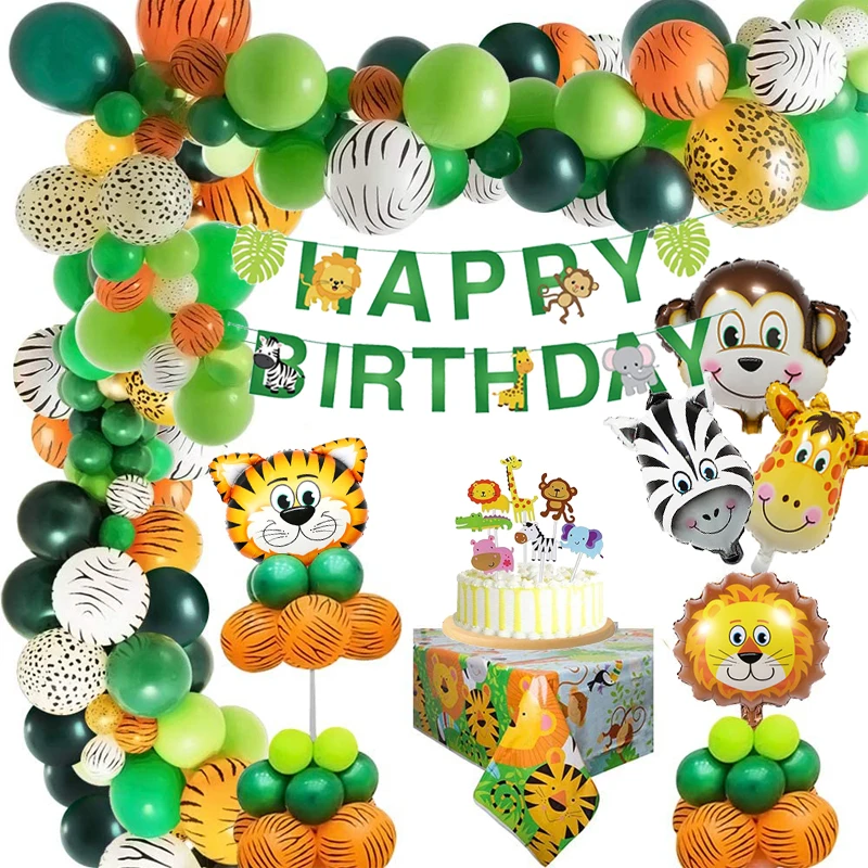 

44pcs/set Jungle Safari Birthday Balloon Garland Banner Cake Topper Tablecloth Jungle Party Decoration Animal Balloon