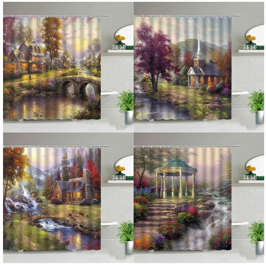 

Waterproof Shower Curtains Retro Oil Painting Landscape Bath Curtain Garden Waterfall Scenery Bathroom Decor Polyester Fabric