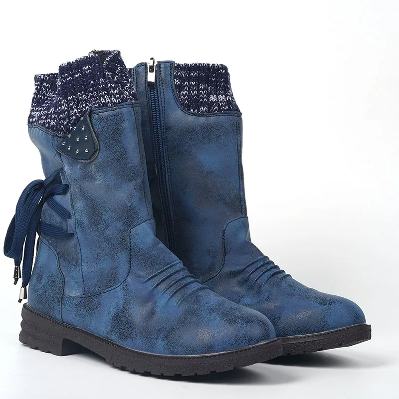 

2021 Autumn Winter Women Warm Suede Boots Lace Up Lady Shoes Female Snow Boots Outdoor Knitting Patchwork Women Botas De Mujer