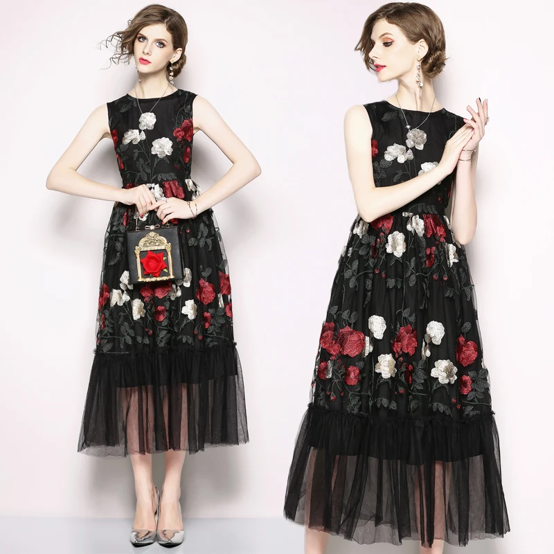 

Simgent Black Party Dress Women Summer Sleeveless Floral Embroidery Midi Long Mesh Dresses Vestidos Robe Femme Jurk SG14297