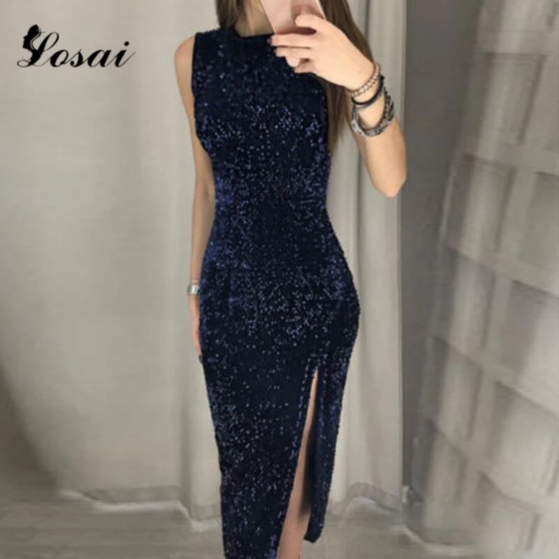 Женское блестящее облегающее платье с блестками вечернее разрезом повседневные