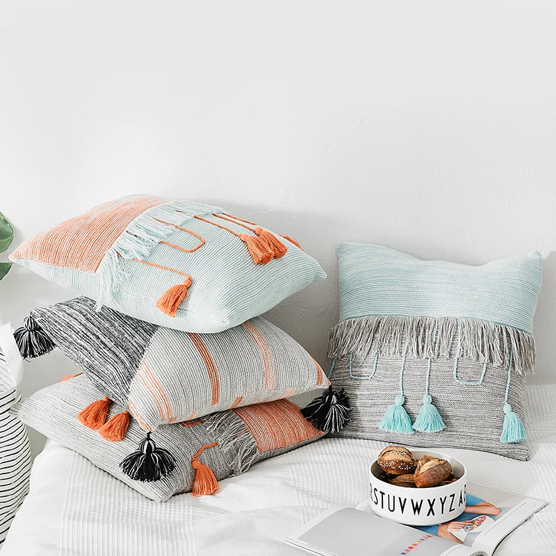 Современный чехол для подушки Хлопковый наволочка с кисточками контрастных