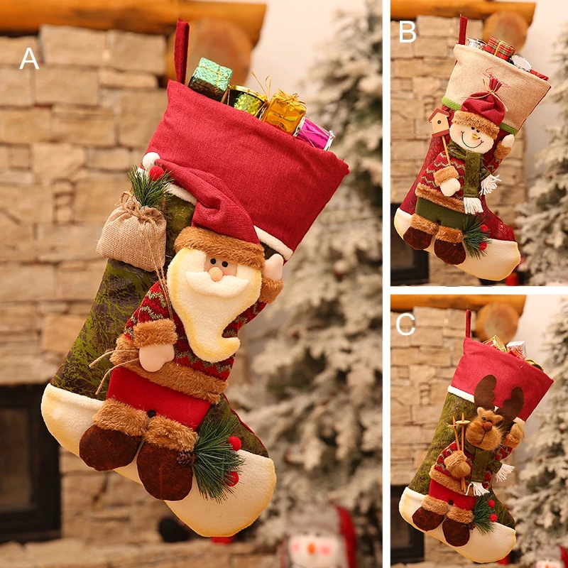 

Merry Christmas Stocking Santa Claus Sock Plaid Burlap Gift Holder Christmas Tree Decoration New Year Gift Candy Bags