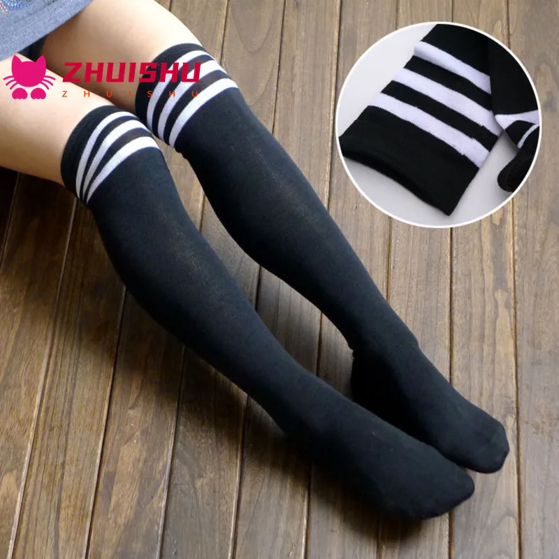 

Толстые хлопковые черно-белые полосатые чулки ZHUISHU Fun для колледжа, высокие белые носки выше колена с тремя полосками, студенческие носки