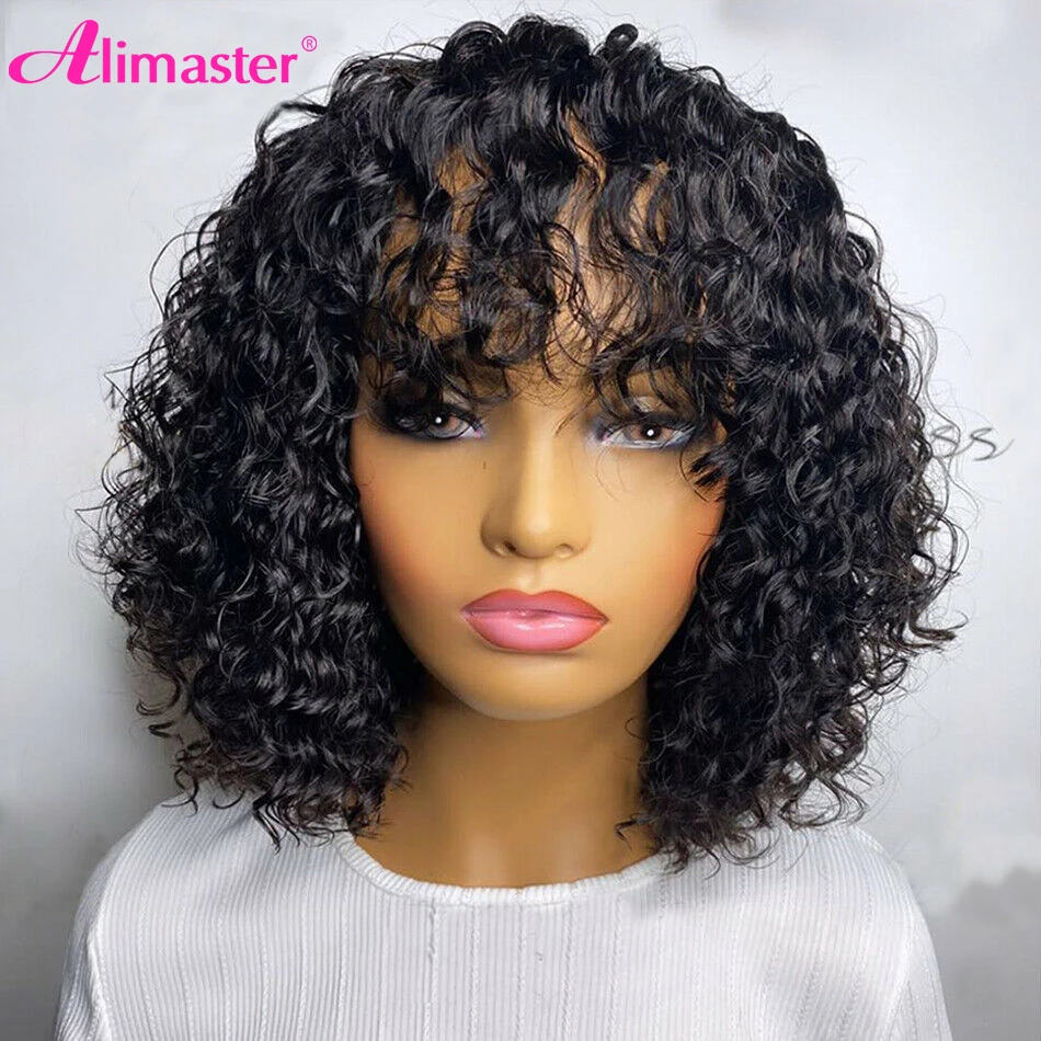 Onda de Água Perucas de Cabelo Humano com Franja Perucas para Mulher Ondulado Pixie Corte Curto Encaracolado Cabelo Humano Peruca Brasileira Completa Máquina Feita Bob