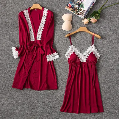 2 PCS Robe gown Сексуальный женский халат и платье, комплекты, кружевной Халат+ ночная сорочка, 4 штуки, пижама, Женский комплект для сна, искусственный шелк, женское белье - Цвет: 2 PCS Robe gown